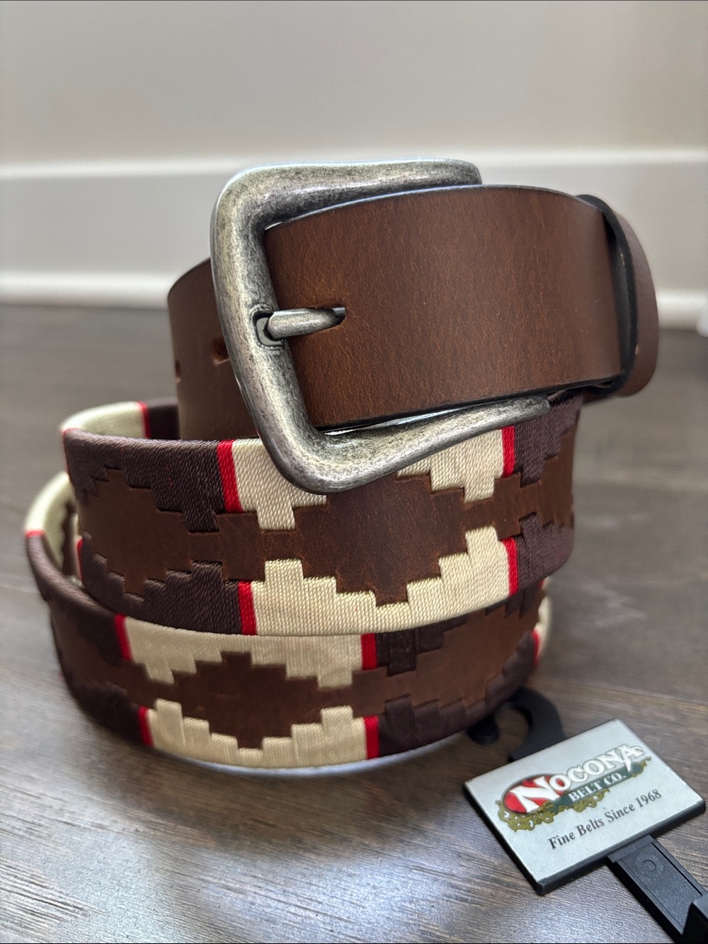 Nocona Leather Square Brown Embroidered Southwestern, removable silver buckle